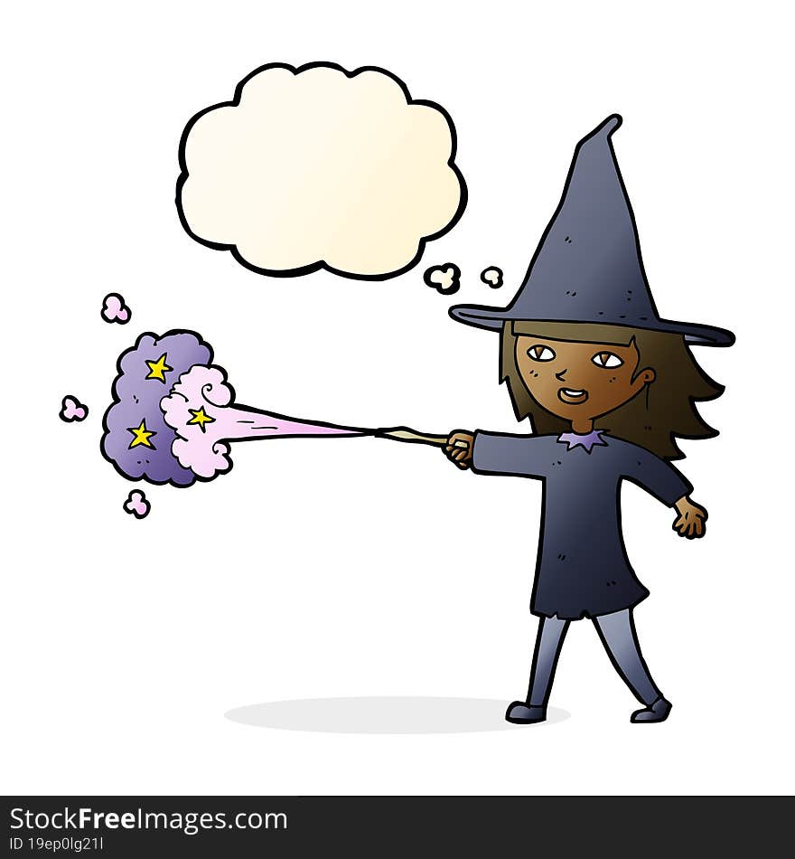 cartoon witch girl casting spell with thought bubble