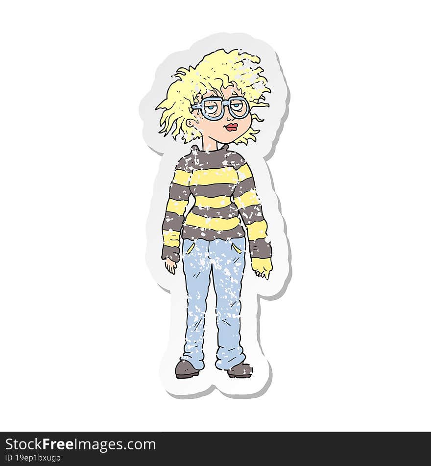 retro distressed sticker of a cartoon geeky girl