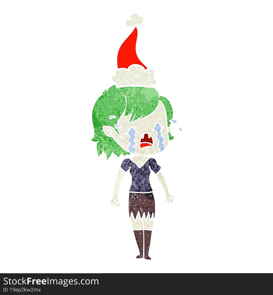 retro cartoon of a crying vampire girl wearing santa hat