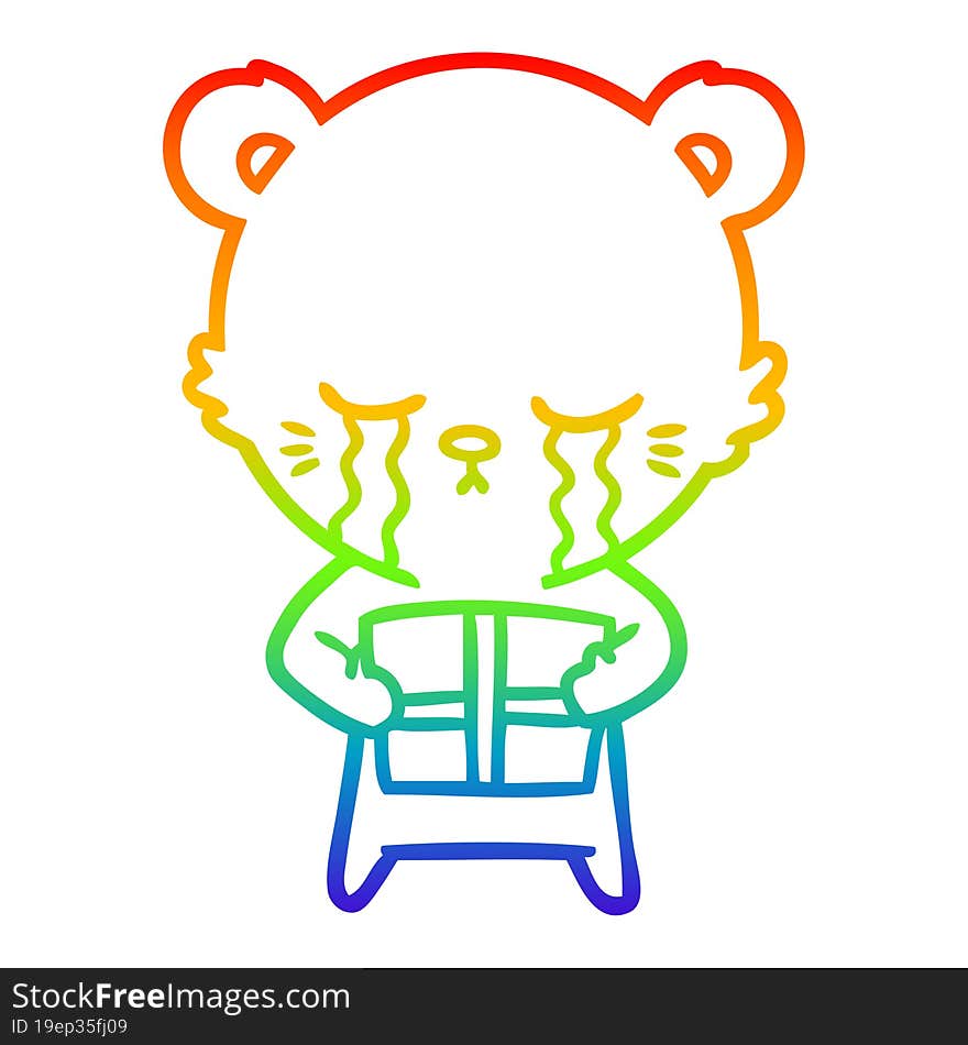 rainbow gradient line drawing crying cartoon bear with present