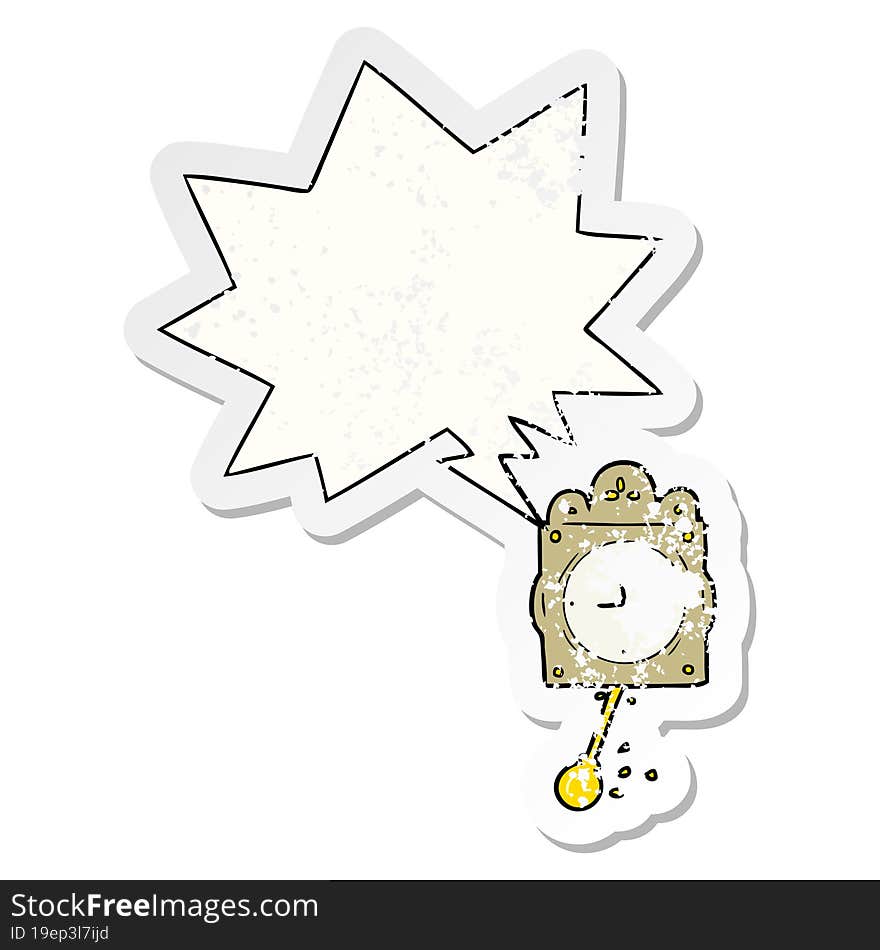 Cartoon Ticking Clock And Pendulum And Speech Bubble Distressed Sticker