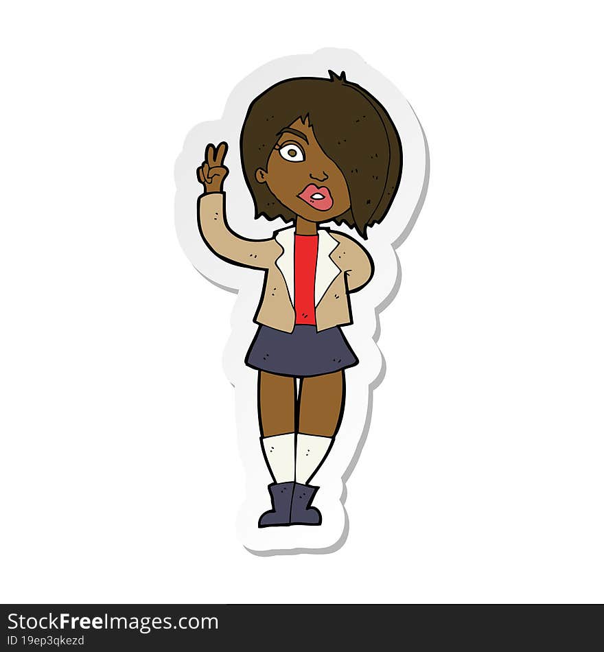 sticker of a cartoon cool girl giving peace sign