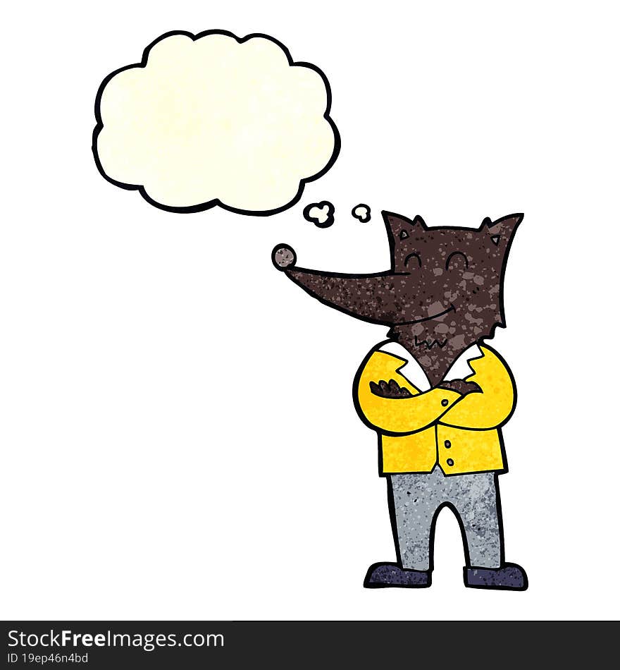 cartoon wolf in shirt with thought bubble