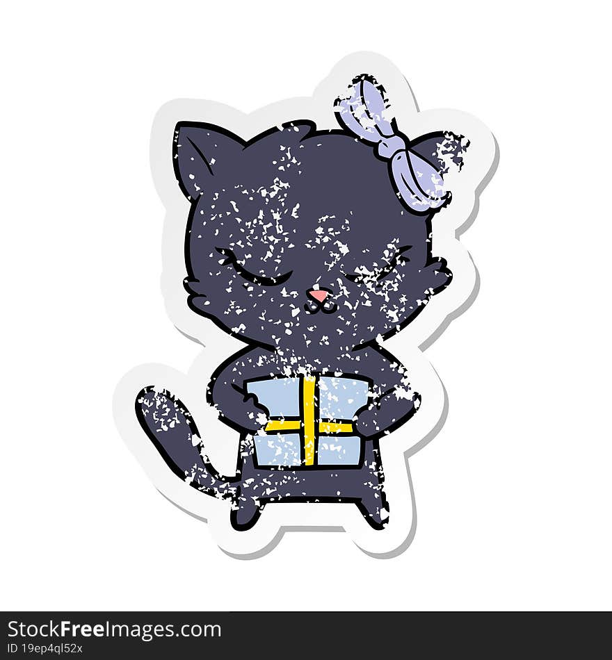 distressed sticker of a cute cartoon cat with bow