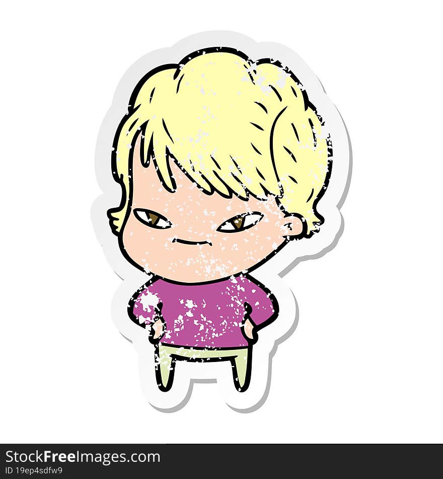 distressed sticker of a cartoon happy woman