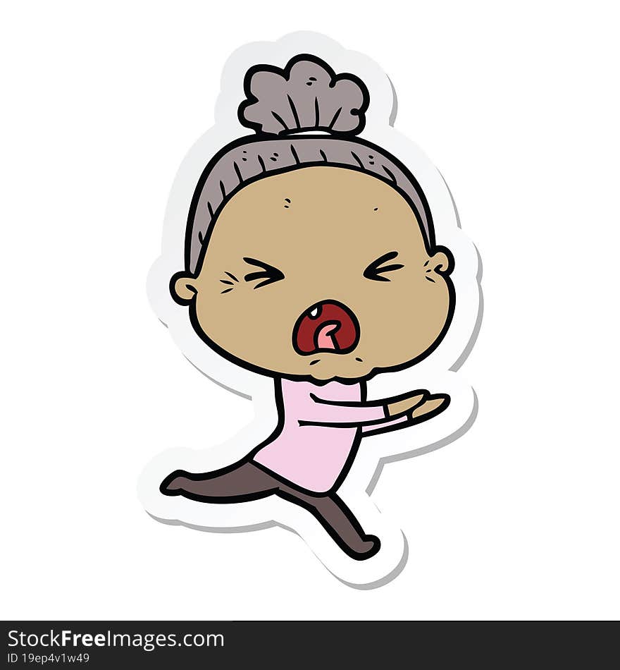 sticker of a cartoon angry old woman