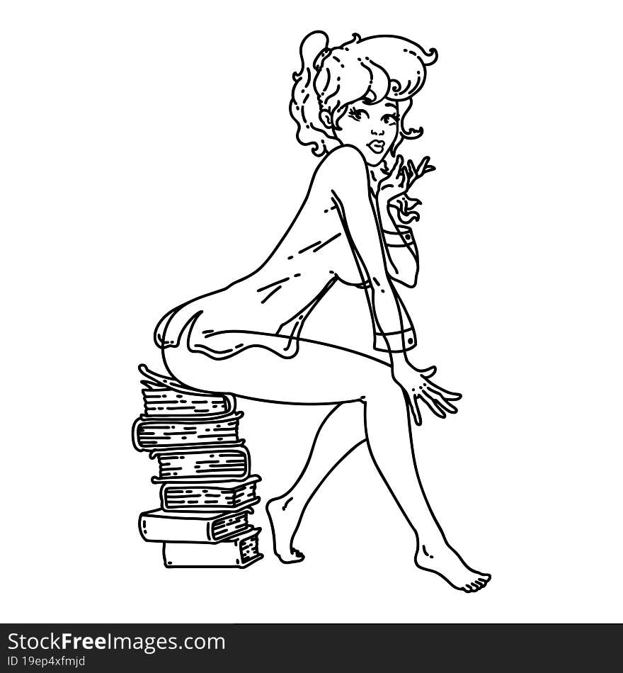 black line tattoo of a pinup girl sitting on books