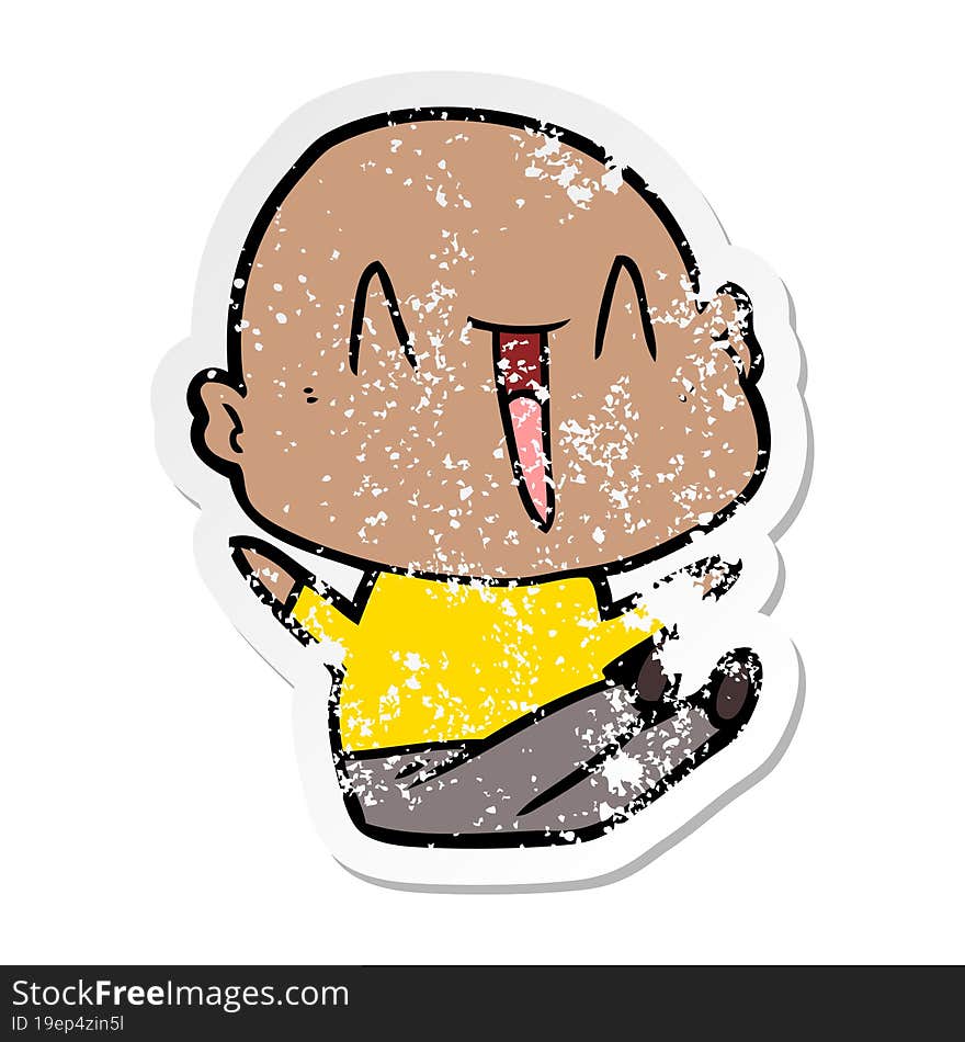 distressed sticker of a happy cartoon bald man