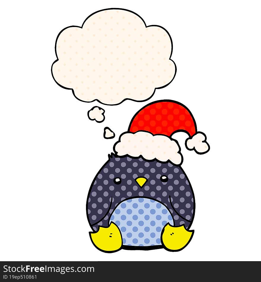 cute cartoon penguin wearing christmas hat and thought bubble in comic book style