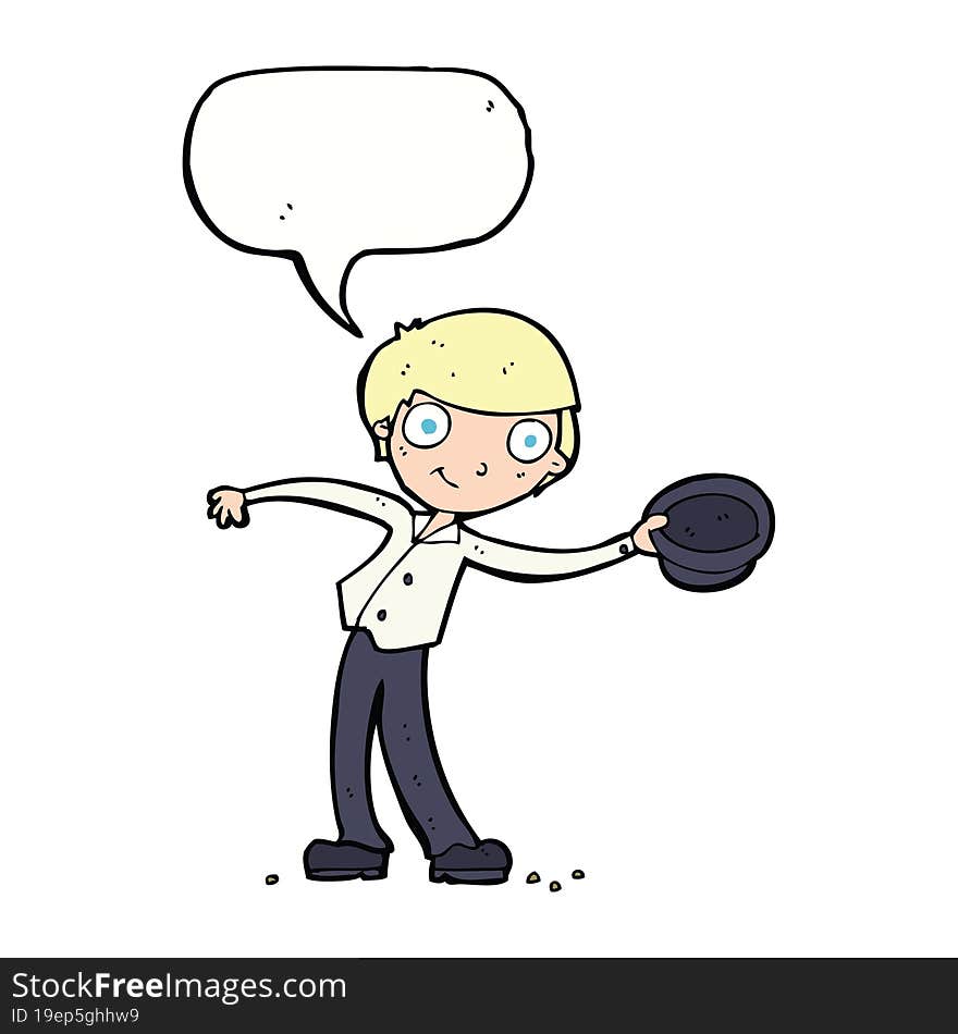 cartoon man tipping hat with speech bubble