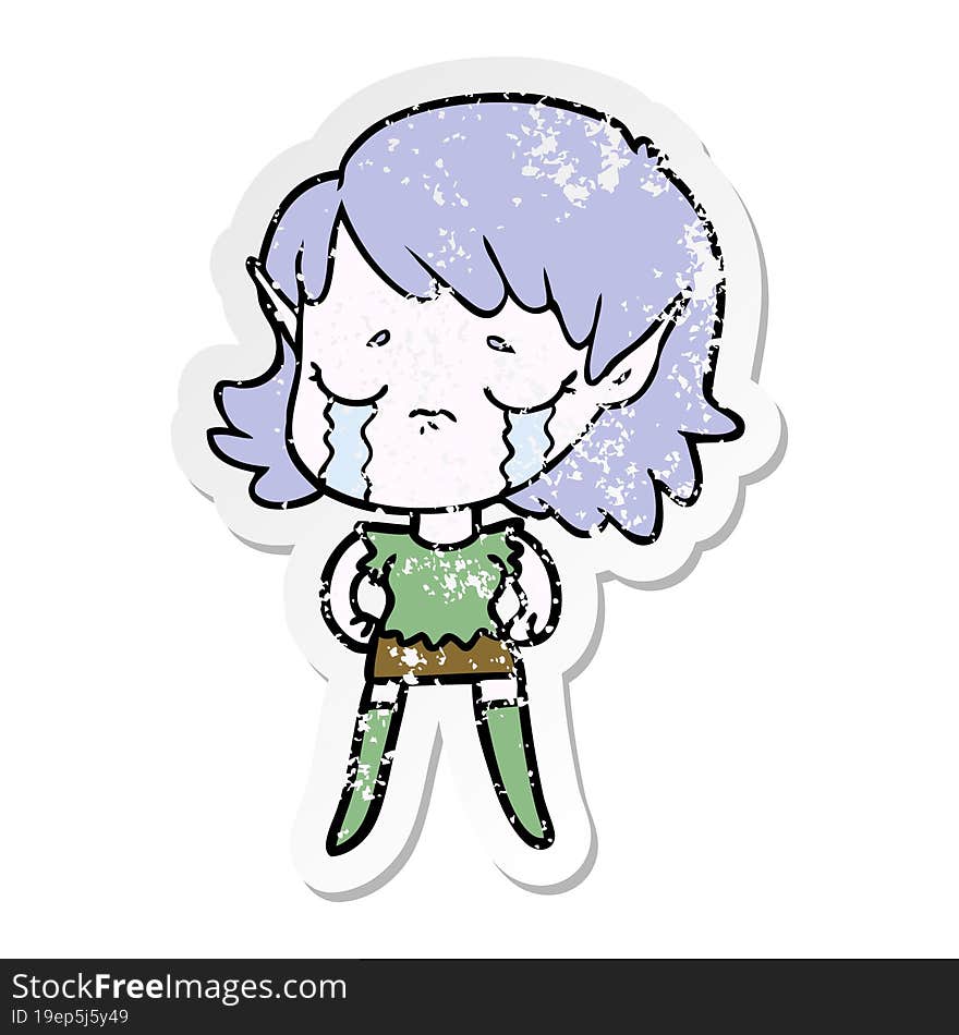 distressed sticker of a cartoon crying elf girl