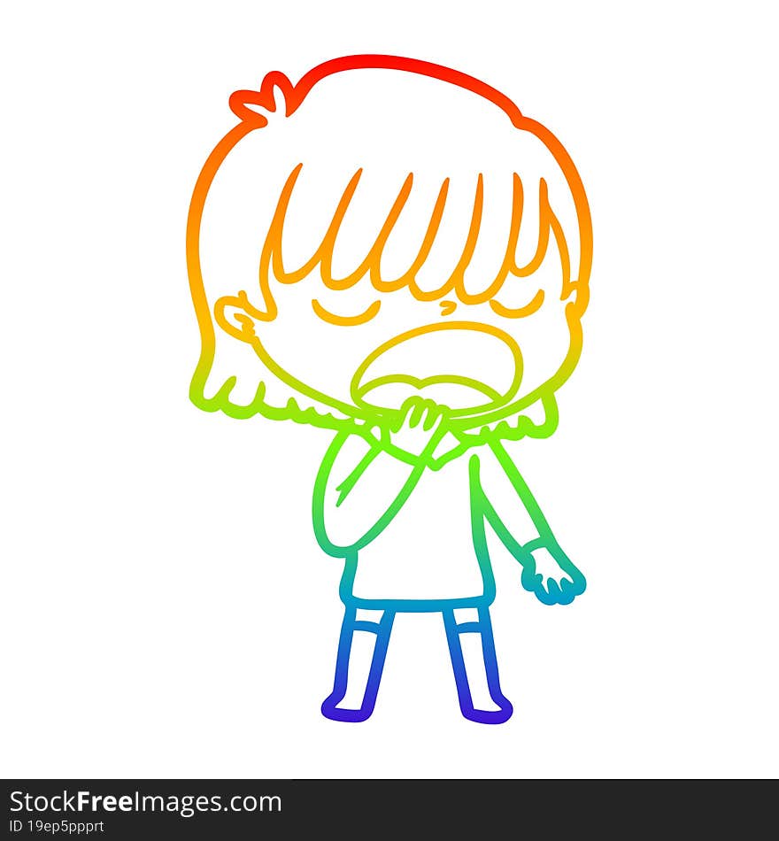 rainbow gradient line drawing cartoon woman talking loudly