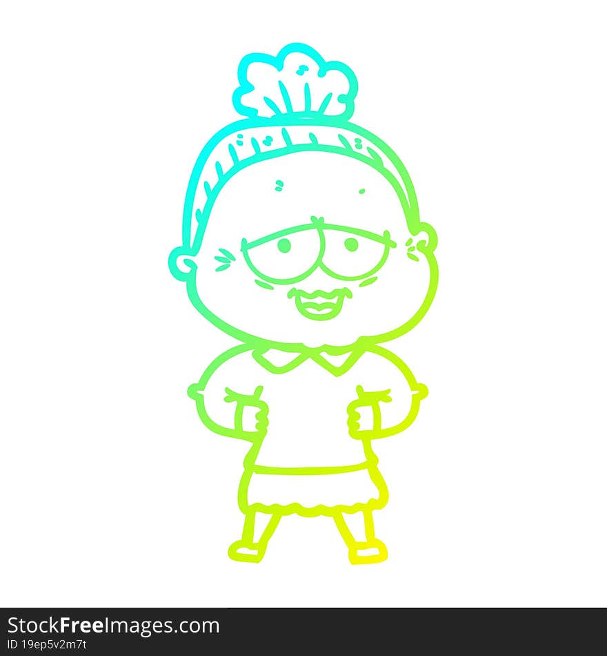 cold gradient line drawing of a cartoon happy old lady