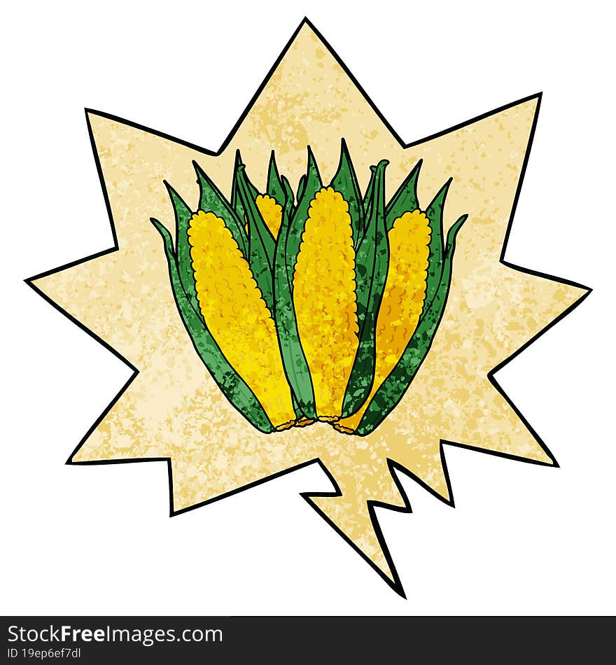 cartoon organic corn with speech bubble in retro texture style