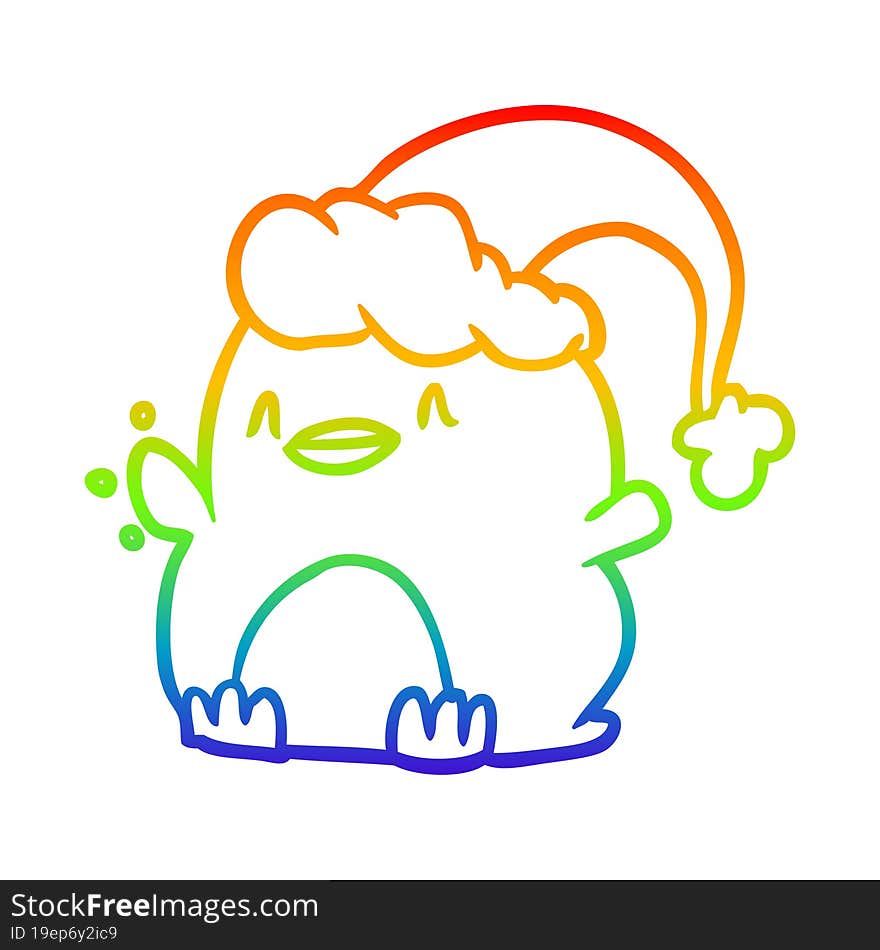 rainbow gradient line drawing penguin wearing christmas hat