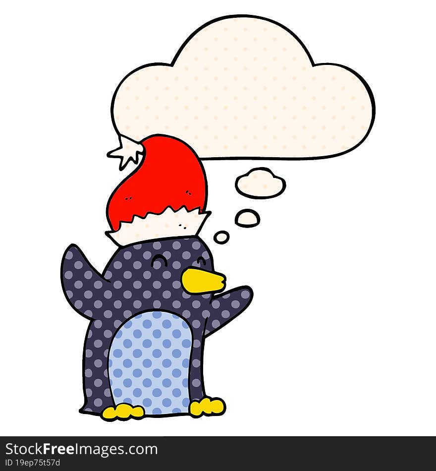 cute cartoon christmas penguin and thought bubble in comic book style