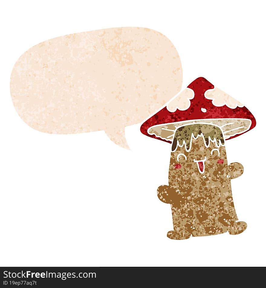 cartoon mushroom character with speech bubble in grunge distressed retro textured style. cartoon mushroom character with speech bubble in grunge distressed retro textured style