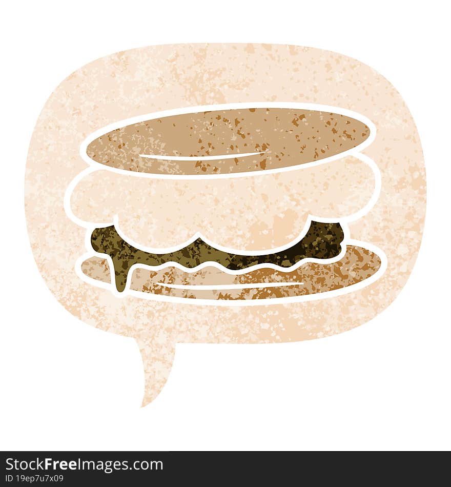 smore cartoon and speech bubble in retro textured style