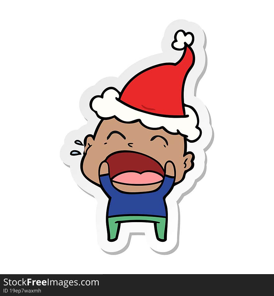 sticker cartoon of a shouting bald man wearing santa hat