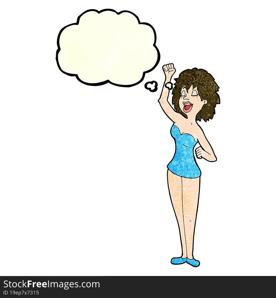 cartoon dancing woman with thought bubble