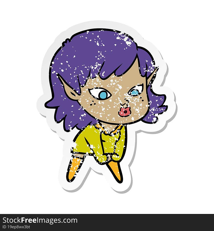 distressed sticker of a pretty cartoon elf girl