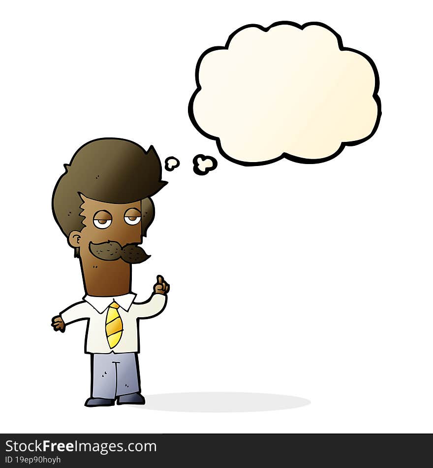 cartoon man with mustache explaining with thought bubble