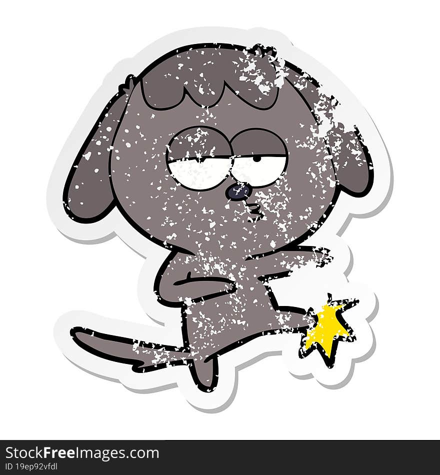 Distressed Sticker Of A Cartoon Bored Dog Kicking Leg