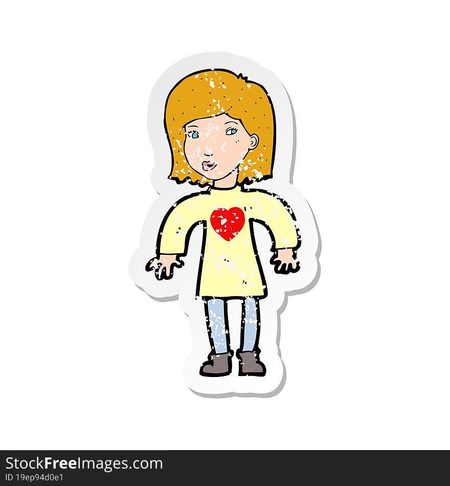 retro distressed sticker of a cartoon woman wearing heart shirt