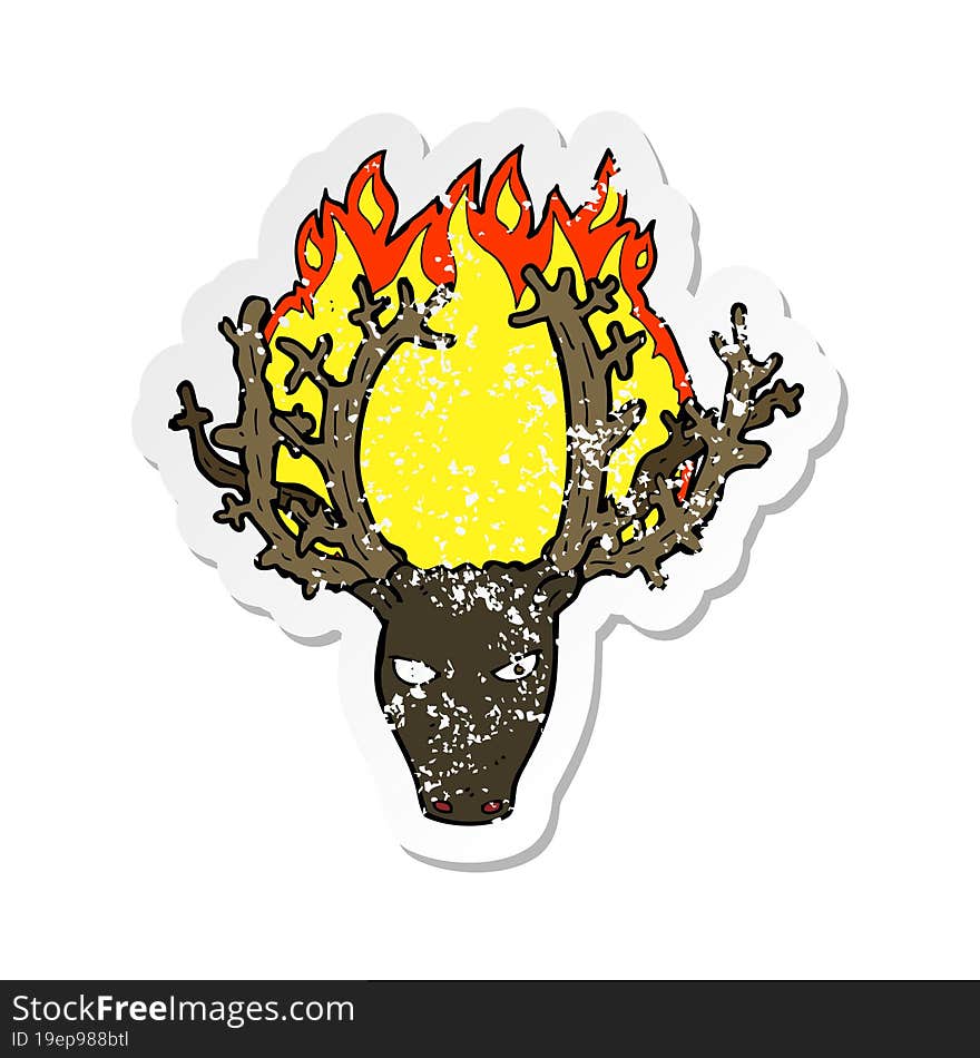 retro distressed sticker of a cartoon stag head fire symbol