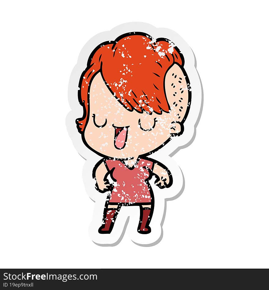 distressed sticker of a cute cartoon girl with hipster haircut