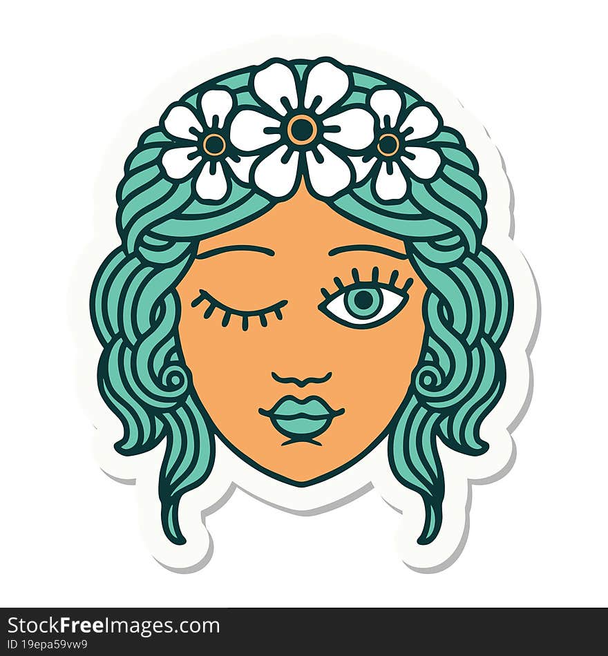 Tattoo Style Sticker Of A Maidens Face Winking