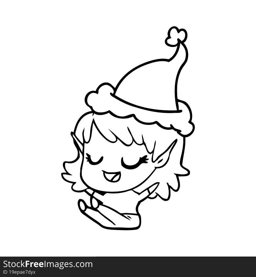 happy line drawing of a elf girl sitting wearing santa hat