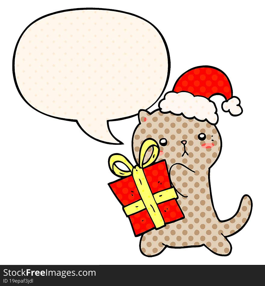 cute cartoon cat carrying christmas present with speech bubble in comic book style