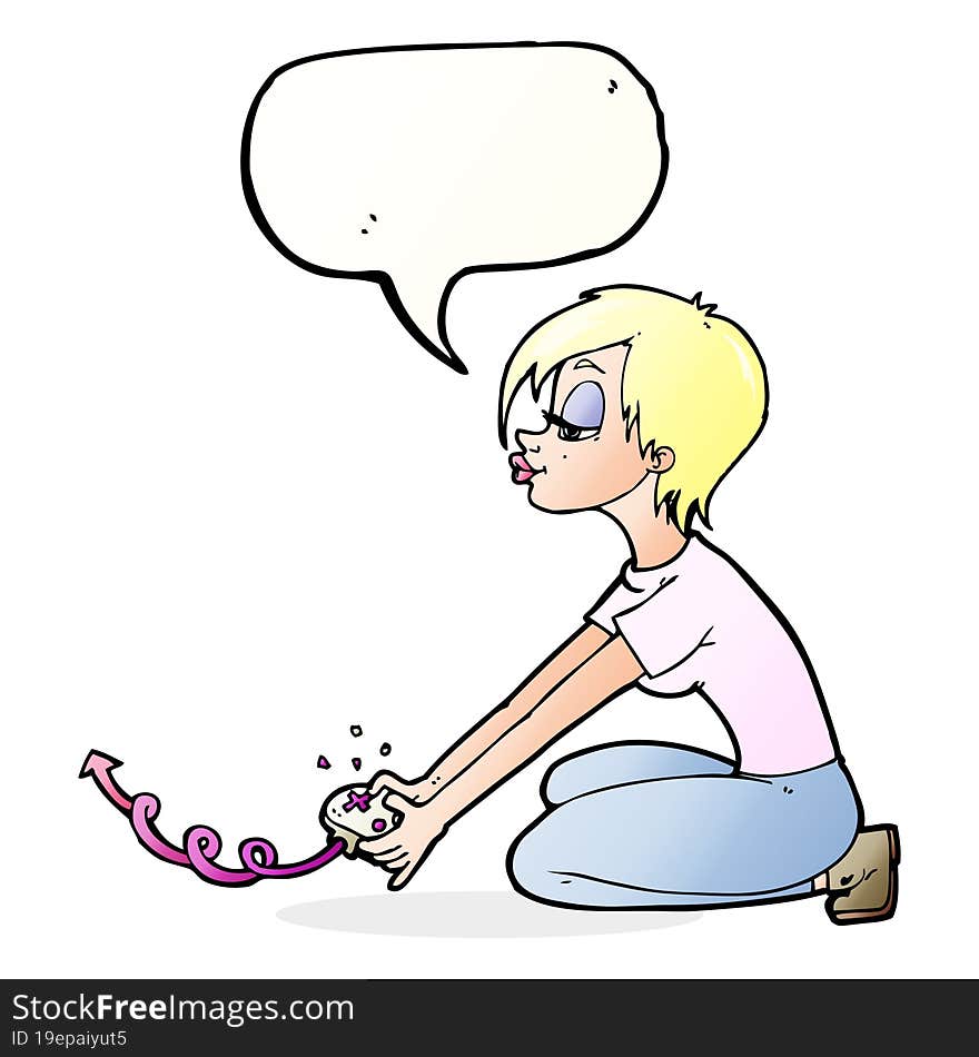 Cartoon Girl Playing Computer Games With Speech Bubble