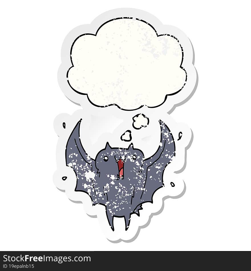 cartoon happy vampire bat and thought bubble as a distressed worn sticker