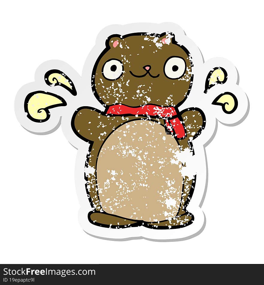 distressed sticker of a cartoon happy teddy bear