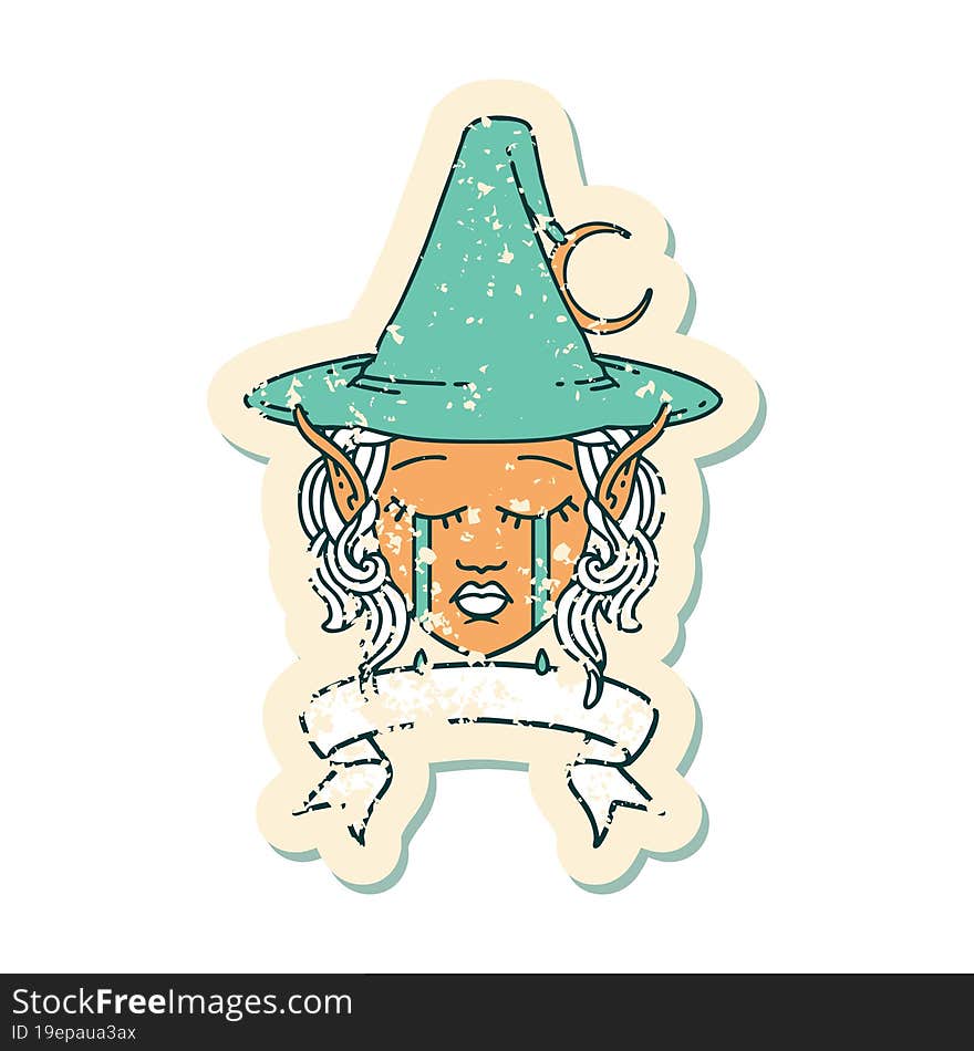 Retro Tattoo Style crying elf mage character face wiht banner. Retro Tattoo Style crying elf mage character face wiht banner