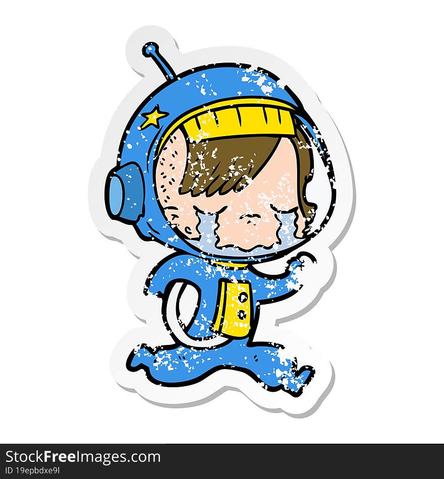 Distressed Sticker Of A Cartoon Crying Astronaut Girl Running