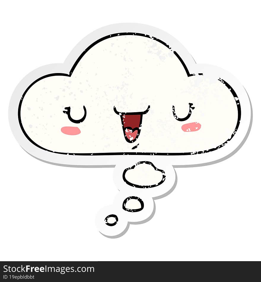 cute happy face cartoon with thought bubble as a distressed worn sticker