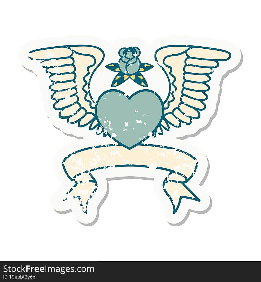 worn old sticker with banner of a heart with wings. worn old sticker with banner of a heart with wings