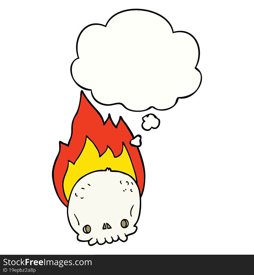 spooky cartoon flaming skull and thought bubble