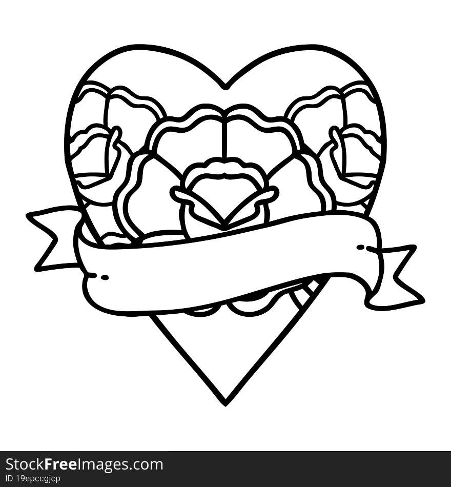 Black Line Tattoo Of A Heart And Banner With Flowers