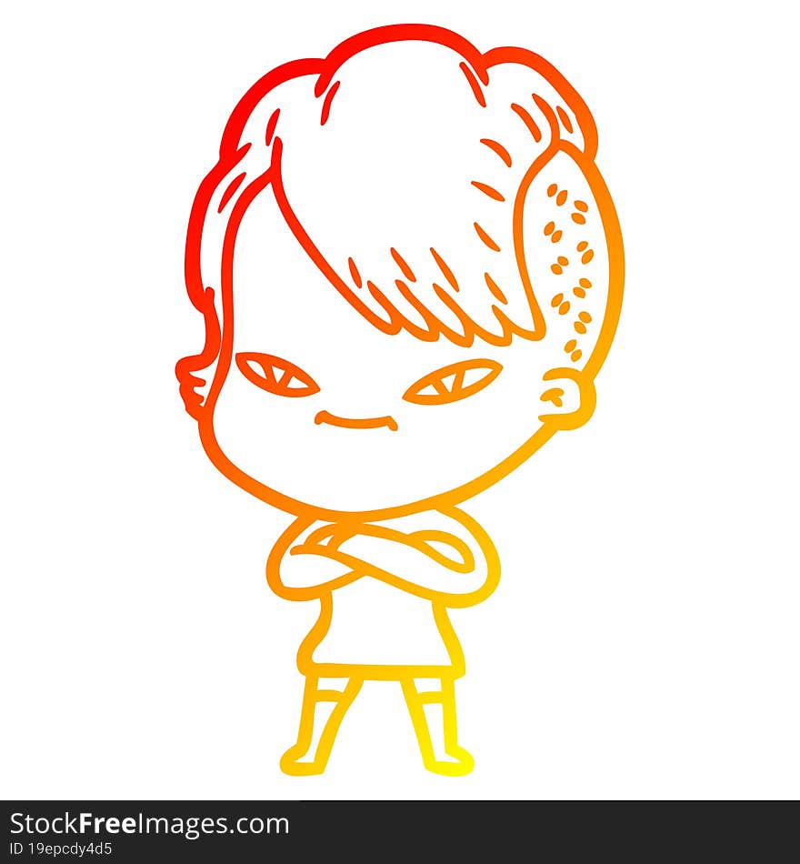 warm gradient line drawing of a cute cartoon girl with hipster haircut