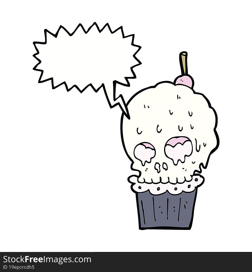 cartoon spooky skull cupcake with speech bubble