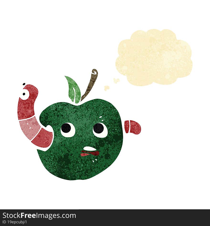 cartoon worm in apple with thought bubble