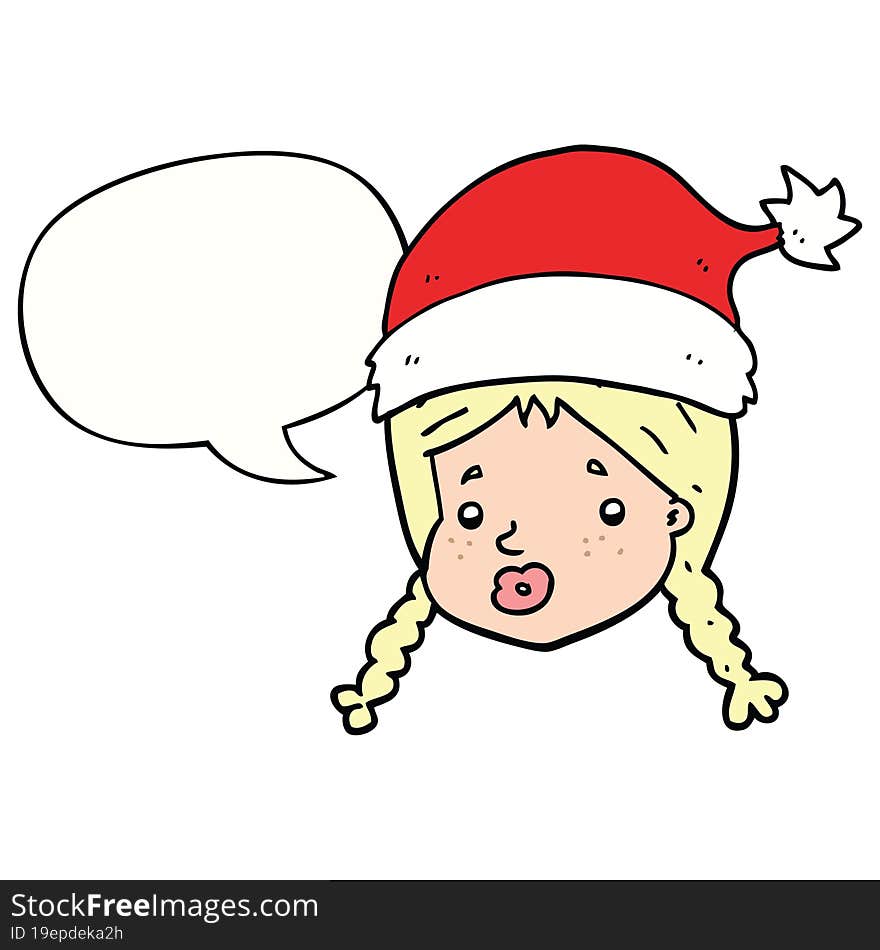 cartoon girl wearing christmas hat with speech bubble