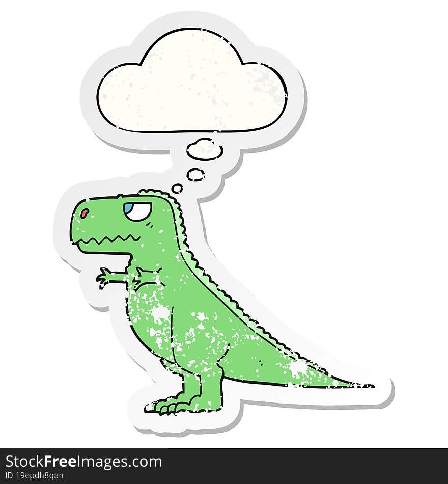 cartoon dinosaur and thought bubble as a distressed worn sticker