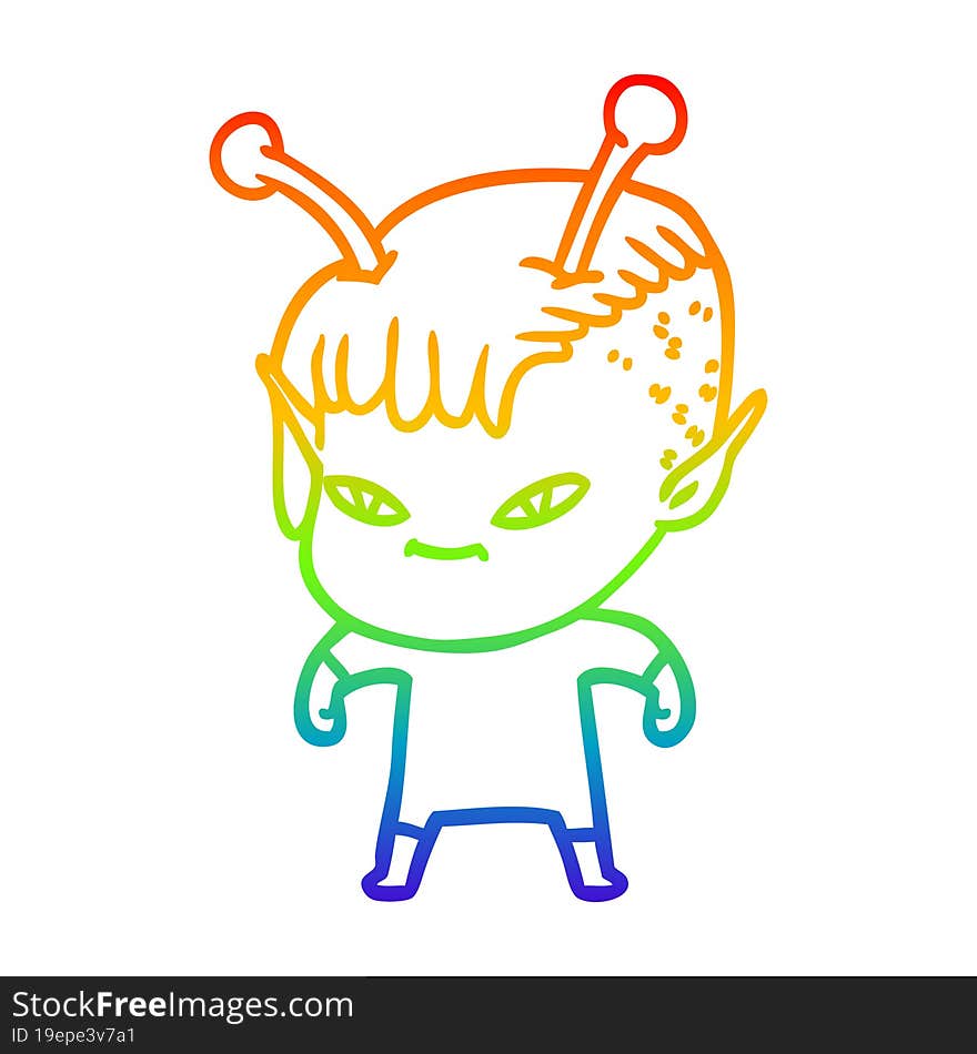 rainbow gradient line drawing of a cute cartoon alien girl