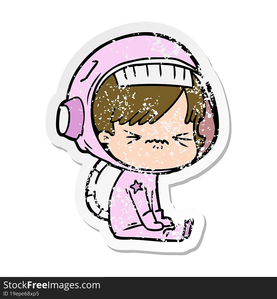 distressed sticker of a angry cartoon space girl