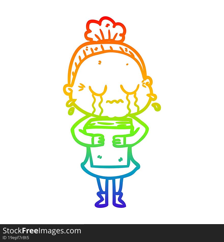 Rainbow Gradient Line Drawing Cartoon Crying Old Lady